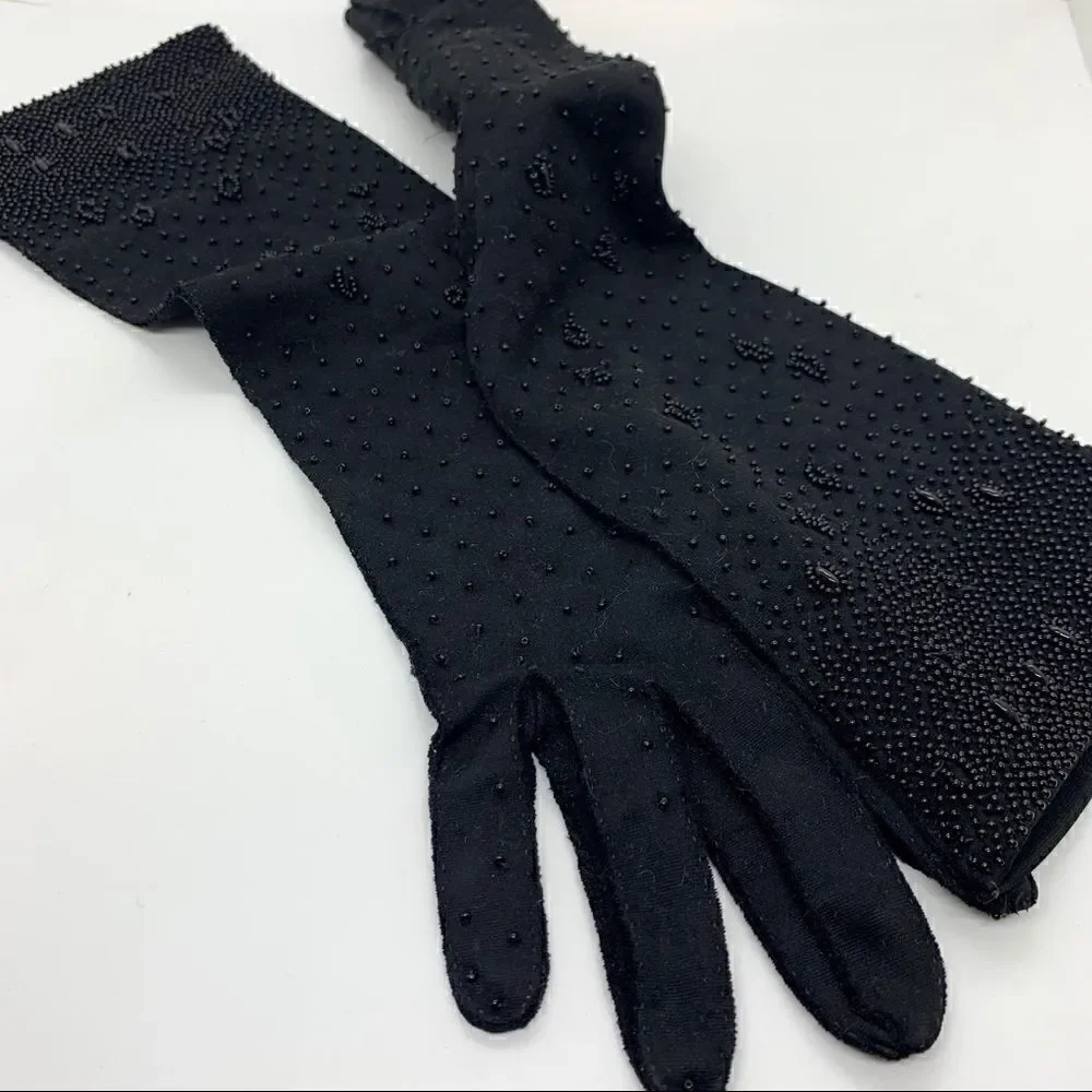 Black Beaded Detail Handmade Vintage Gloves